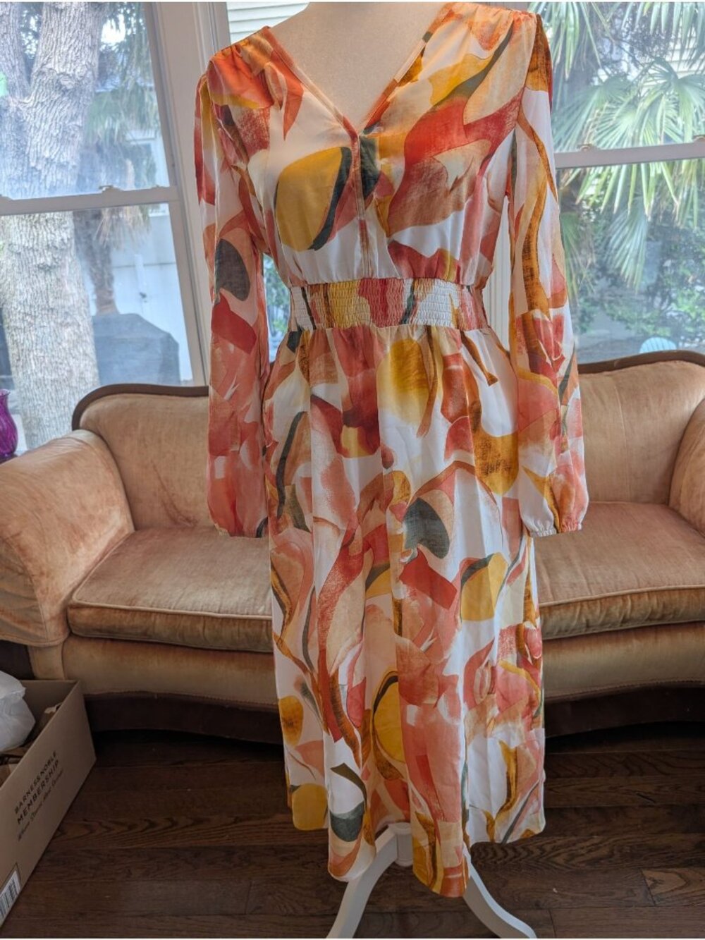 Peach Floral V-neck Maxi Dress Size M Cinch Waist Lantern Sleeves Light Flowing